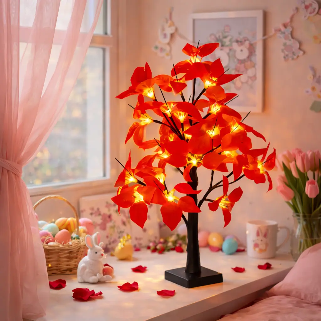 Easter--Poinsettia Tree Lamp, Battery-Powered, Adjustable Branch Table Lamp for Dining Tables and Party Decorations, Holiday Decorations, Vibrant Home Lighting