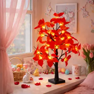 Easter--Poinsettia Tree Lamp, Battery-Powered, Adjustable Branch Table Lamp for Dining Tables and Party Decorations, Holiday Decorations, Vibrant Home Lighting