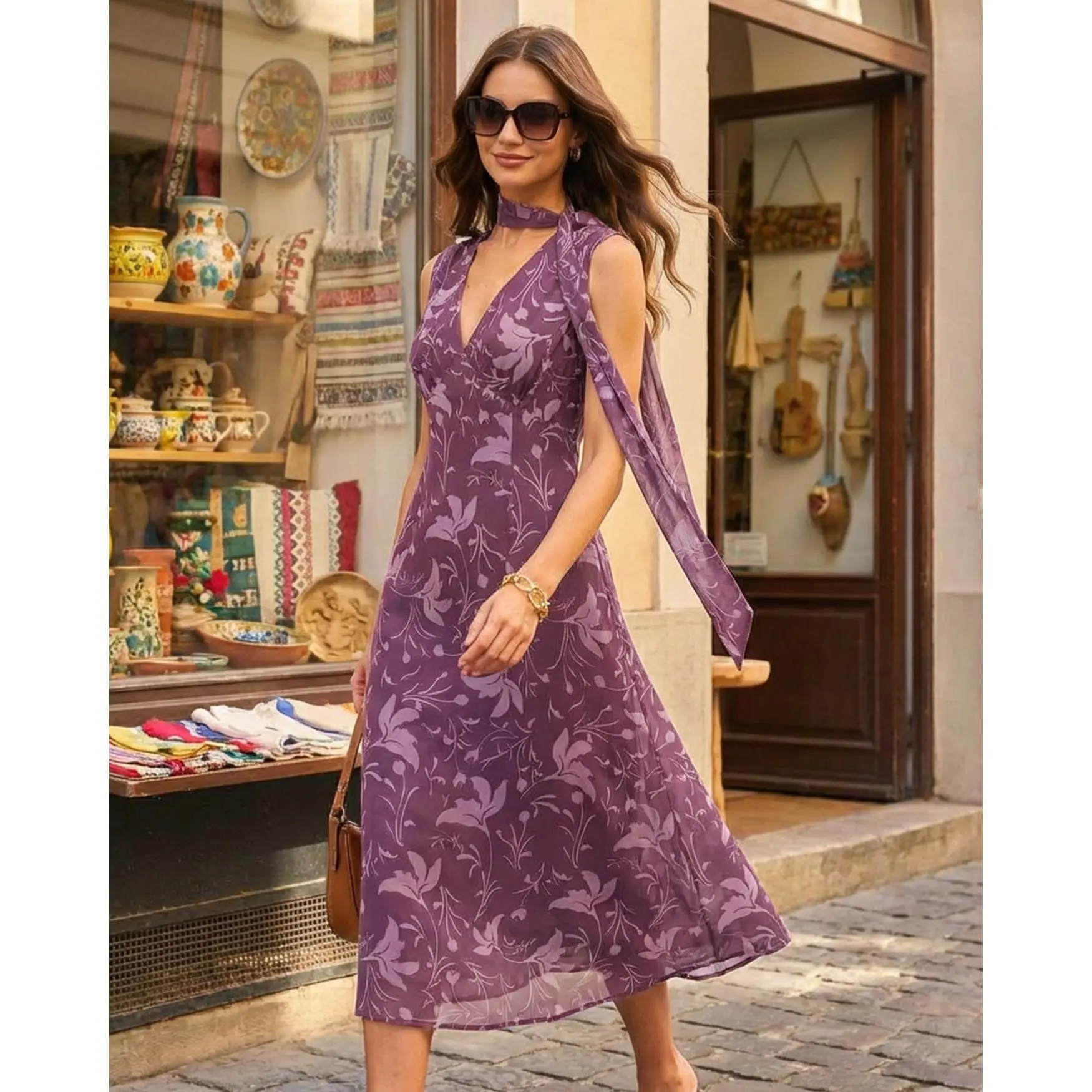 Purple V Neck Floral Chiffon Midi Dress