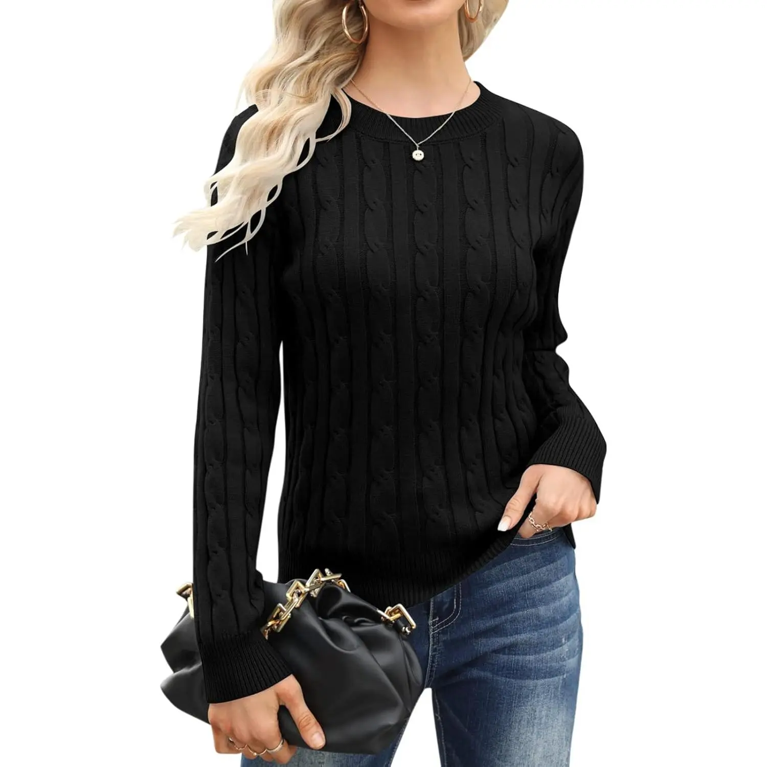 Women's Classic-Fit Lightweight Cable-Knit Mock Neck Longsleeve Tops - Knitting Sweater for Casual Wear, Classic Women's Knitwear