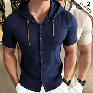 Men’s summer solid-color casual fashion short-sleeve shirt with drawstring design; simple and versatile, regular fit; suitable for daily commuting, casual wear, and travel—an ideal choice for beach vacations.