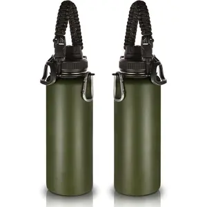 Insulated Water Bottles Bulk 2 Pack, 40 oz Stainless Steel Sports Bottle with Paracord Handle & Spout Lid, Vacuum Metal Travel Flask with Wide Mouth,Reusable Large Cup(Army Green,2 Set)