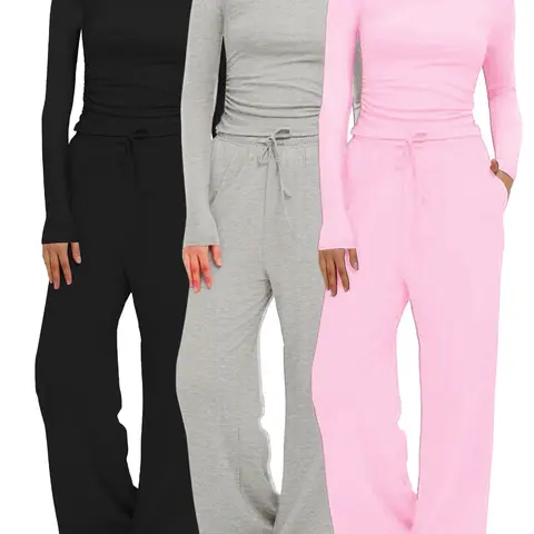 Two-Piece / Six-Piece Set Women's  Simple Solid Ruched Tee & Drawstring Pocket Pants Knit Lounge Set, Casual Long Sleeve T-shirt & Elastic Waist Trousers, Ladies Sleepwear Loungewear for All Seasons