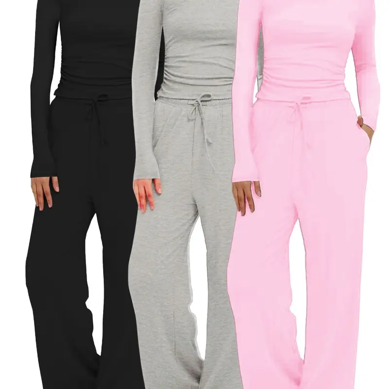 Two-Piece / Six-Piece Set Women's  Simple Solid Ruched Tee & Drawstring Pocket Pants Knit Lounge Set, Casual Long Sleeve T-shirt & Elastic Waist Trousers, Ladies Sleepwear Loungewear for All Seasons