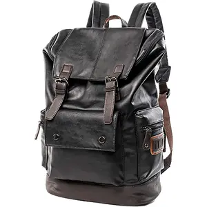 FR Fashion Co. 18" Men's Vintage Leather Backpack Premium PU Leather Water-Resistant Lightweight Shockproof Spacious Versatile Ergonomic Comfort