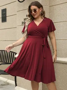Women's V Neck Elastic Casual Fit Long Dress, Plus Size Maid of Honor Vintage Style, Comfortable Fabric for Wedding and Various Occasions