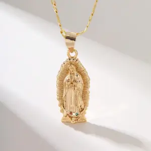 18K Gold Virgin of Guadalupe Necklace Waterproof Virgen De Guadalupe Pendant Stainless Steel Religious Jewelry Gift Box For Men Women Baptism Present
