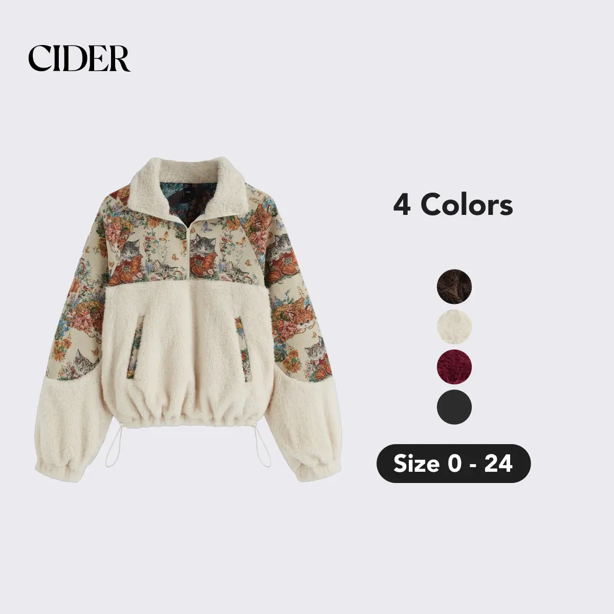 Cider Women's Fleece Collar Floral Knotted Sweatshirt, Casual Tops for Daily Wear, Cozy Fleece, Floral Pattern, Lady, 2Xl - 20/22, Hoodie, Casual Wear, Relaxed Fit