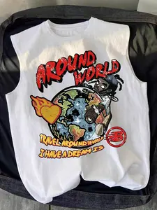 Men's Cartoon Astronaut Print Round Neck Tank Top Streetwear Tank Vest, Regular Fit Casual Fashion Sleeveless Tank Tops for Summer, Men's Clothes for Daily Wear, Socks