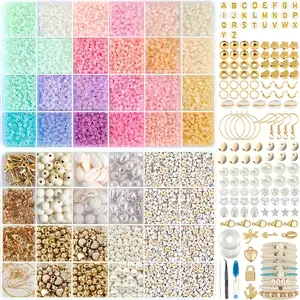 2 Box Set 3mm Seed Beads 24 Colors 10000pcs Acrylic Shell Beads, Elastic Rope Kit for Bracelets, Jewelry, Keychains