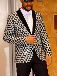 Men's Rhombic Grid Sequin Suit Jacket, Party, Performance Stage Wear, Christmas Gift, Stylish and Elegant Design