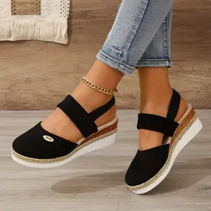 Women's Solid Color Platform Sandals, Ankle Elastic Strap Closed Toe Shoes, Versatile Non-slip Wedge Shoes Footwear Flatform Black Girl