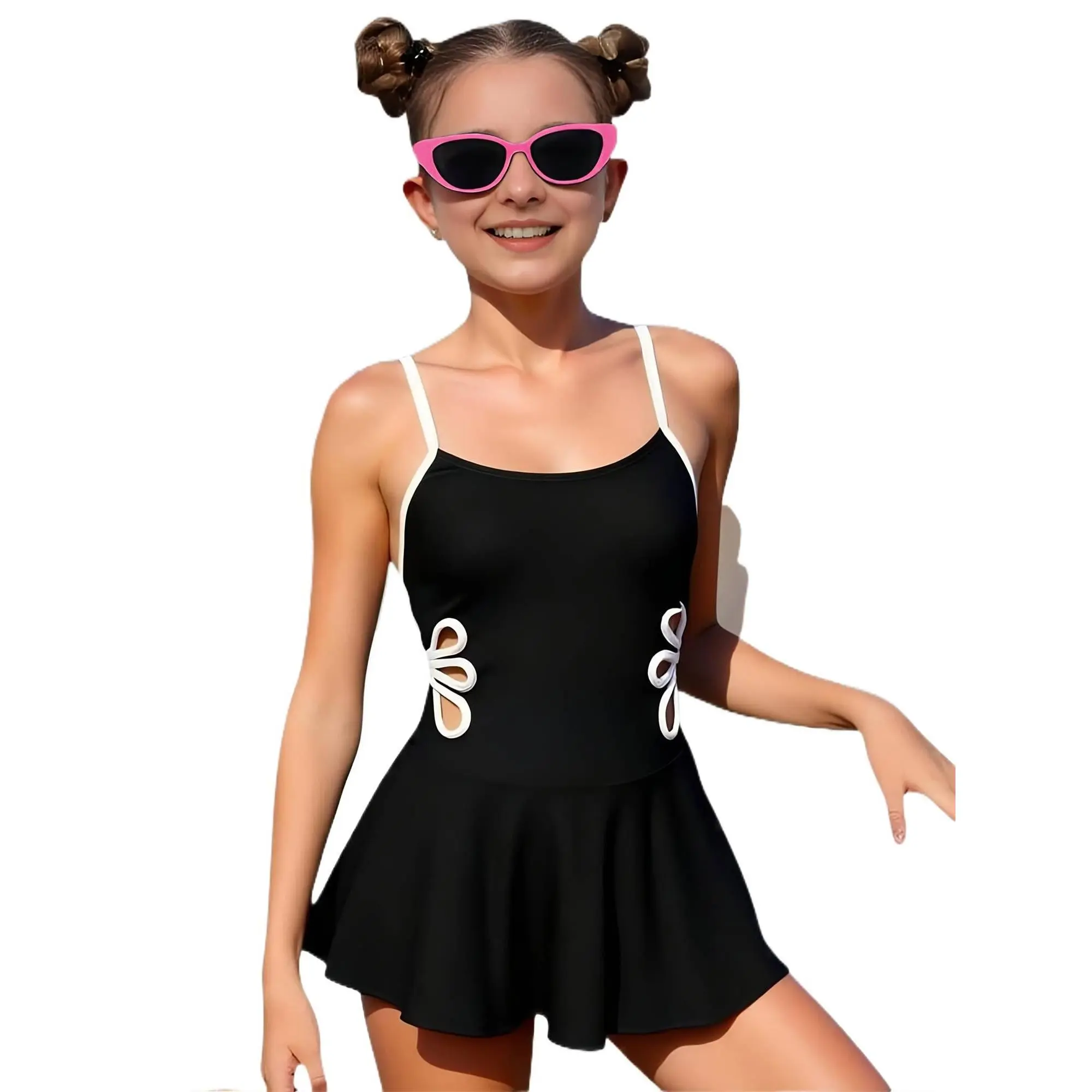 Girls' 2-Piece Sleeveless Swimsuit Set, All-Season Casual Plain Polyester Swimwear with Hollow-Out Design, Adjustable Straps for Beach Vacation, 11-12Y, 13-14Y