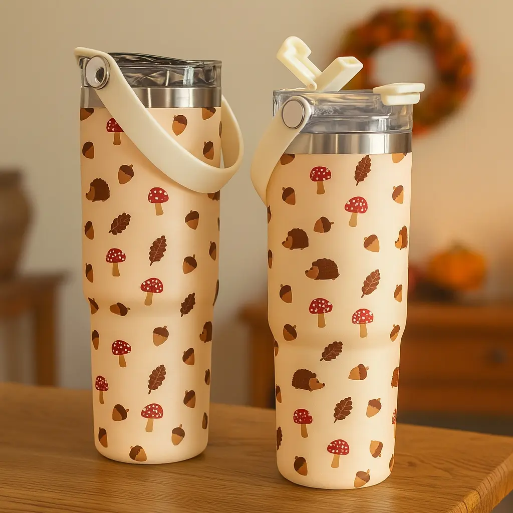 1 pc 30oz Hedgehog Forest Stainless Steel Tumbler with Handle and Straw, Hot 12h Cold 24h, Insulated Coffee Cup, great holiday gift for women, moms, teachers, friends. Car travel mug for office, home, Thermo Tumbler.