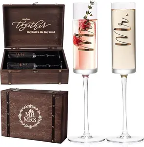 Mr and Mrs Champagne Flutes with Keepsake Box - Gold Print Bride and Groom Glasses for Wedding and Toasting - Bridal Shower Gifts -Drinkware