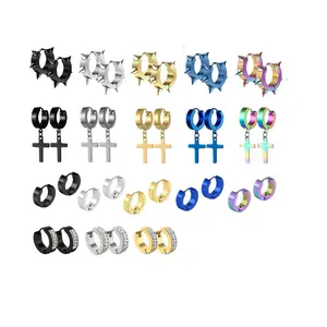 Men hoop earrings, women huggie earrings, stainless steel punk hoop earrings, spike hoop, cross dangle earrings