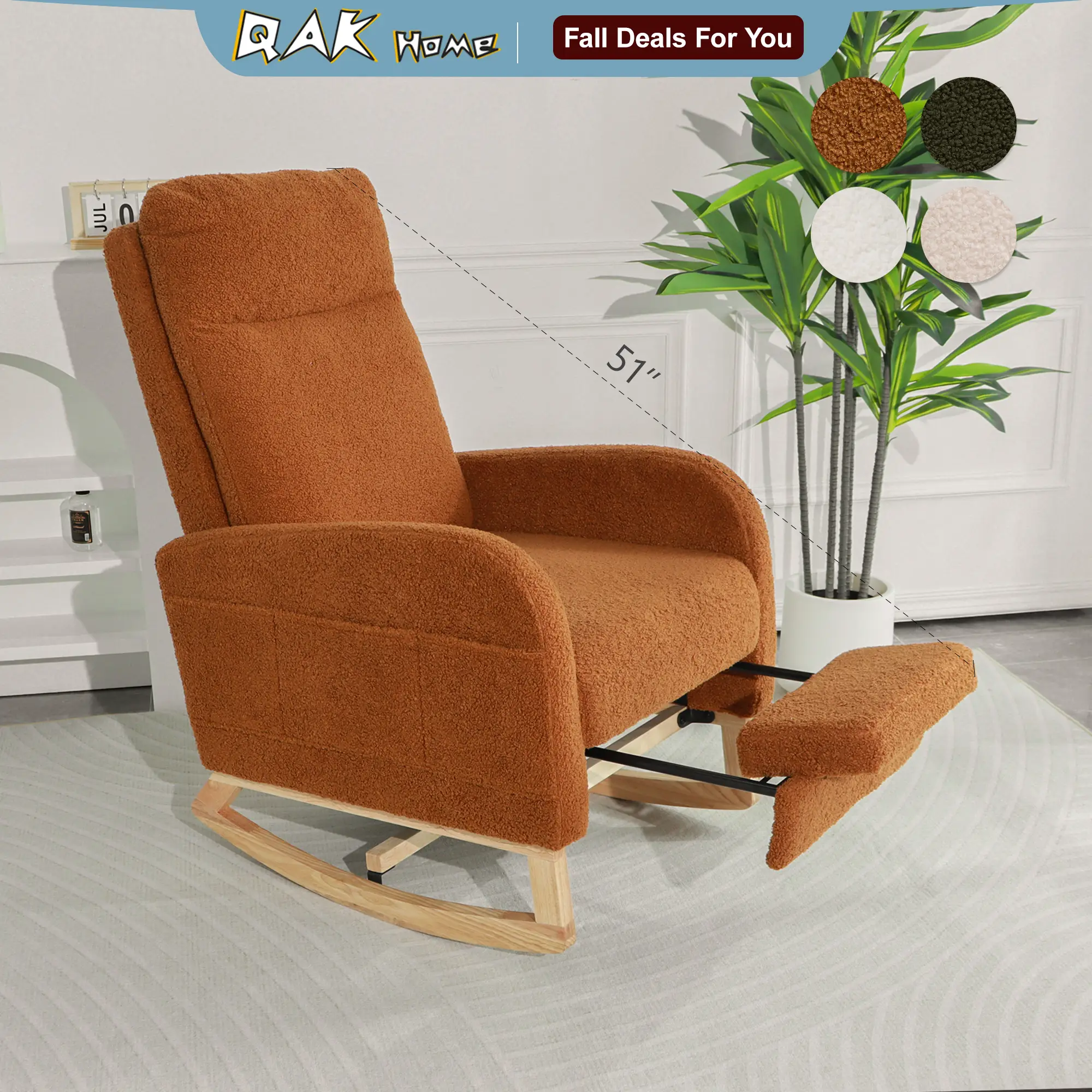 QAK 51‘’ Modern Rocking Chair Nursery, Comfy Glider Nursery Chair with Foot Rest, Upholstered Rocker with Pocket, Living Room, Bedroom, Lounge Room