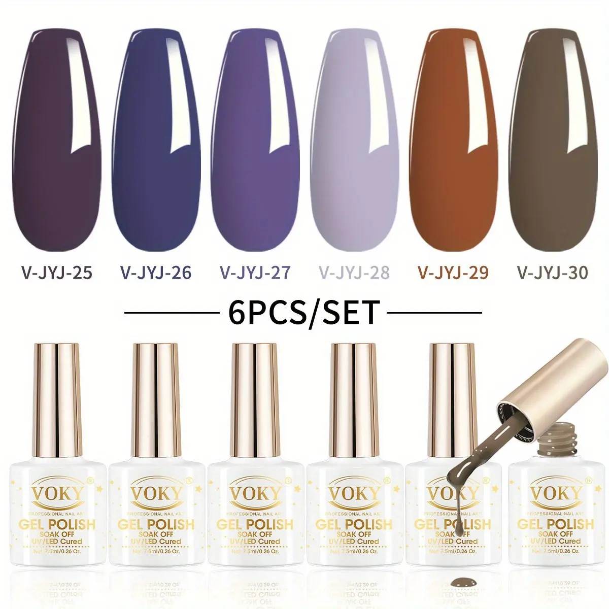 VOKY 6-Pack 7.5ml Gel Nail Polish Set (V-JYJ-25-30) - Purple Brown Elegant Collection, Deep Plum, Navy, Lavender, Terracotta, UV Cure LED Soak-Off Fall Manicure Kit, 5-Free, Odorless, High Gloss, Cosmetic Gift for Nail Care, Wipe-Ready, Long-Wear, Nail Su