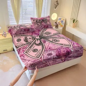 3Pcs Vibrant Pink Themed Fitted Sheet Set, Dollar Bill Bow Design with Glittery Accents, Luxurious and Stylish Bedding for a Wealthy Aesthetic, Perfect for Trendy Home Decor and Gifting. Includes 2 Pillowcases, No Pillow Core