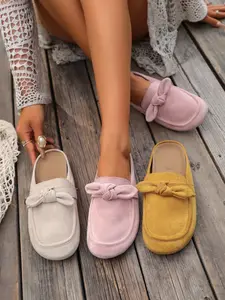 Women's Bow Knot Suede Mule Slippers, Slip-On Closed Toe Flat Loafers, Casual Comfortable Backless Slides, Lightweight Outdoor & Indoor Footwear