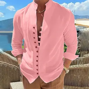 Mens Long Sleeve Shirt Button Down Loose Fit Vintage Shirts Banded Collar High Elastic Tops Henley Shirt
