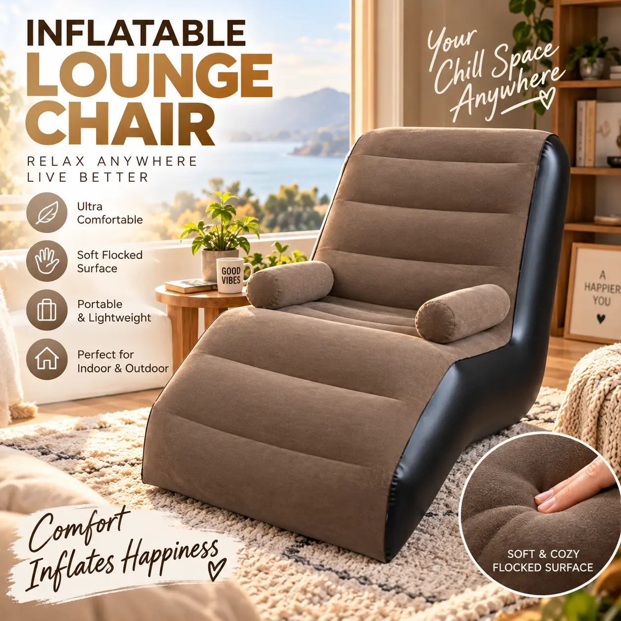 Premium Luxury Inflatable Lounge Chair, Ultra Comfortable Soft Flocked Lounger with Armrests, High-End Portable Sofa Chair for Bedroom, Living Room & Relaxing