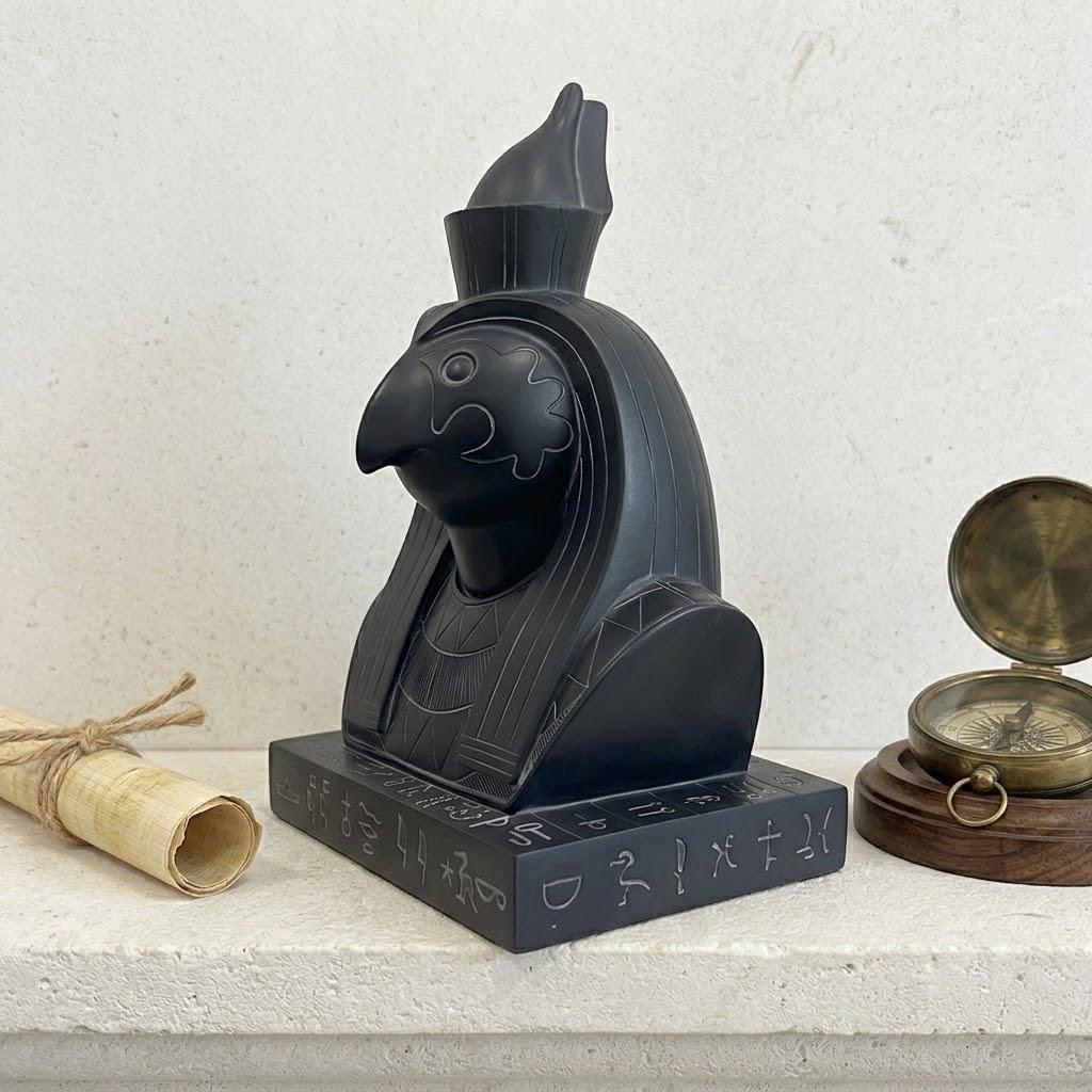Ancient Egyptian Horus Falcon God Bust - Black Resin Pharaoh Horus Statue with Hieroglyphic Base | Mythological Sky God Sculpture for Executive Office, Library, Study | Premium Egyptian Protector Collectible Gift