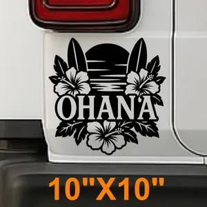 ohana Hawaiian flower decal hibiscus with ocean sunset, tropical vinyl sticker for car, laptop, window, beach decor stickers
