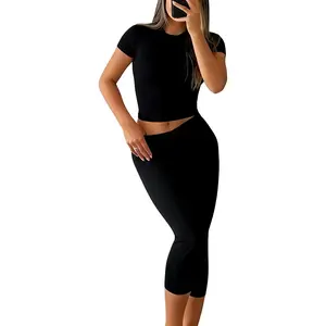 YETOWA Womens 2 Piece Workout Sets High Waisted Tummy Control Crop Top Capri Leggings Stretchy Soft Activewear