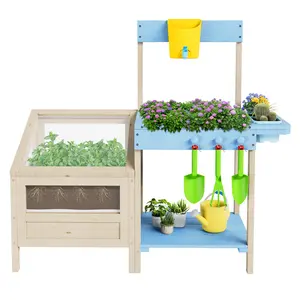 GAOMON Outdoor Wooden Mud Kitchen Playset for Kids Ages 3+ – Includes Potting Bench with Garden Bed, Clear Planter Box, Removable Sink & Faucet, Gardening Tools & Storage Shelf