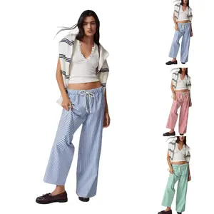 Molitree Women's Fashion Stripe Drawstring Wide Leg Pants Light Blue Casual Trousers Cotton Breathable Womenswear Bottom Baggy Soft