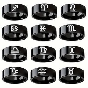 12 Constellation Black Stainless Steel Band Ring - Punk Astrology Zodiac Sign, Minimalist Waterproof, Blacked-Out Alternative Artistic Anti-Rust Jewelry for Men Women, Blacked-Out Rings, Alternative Artistic Rings