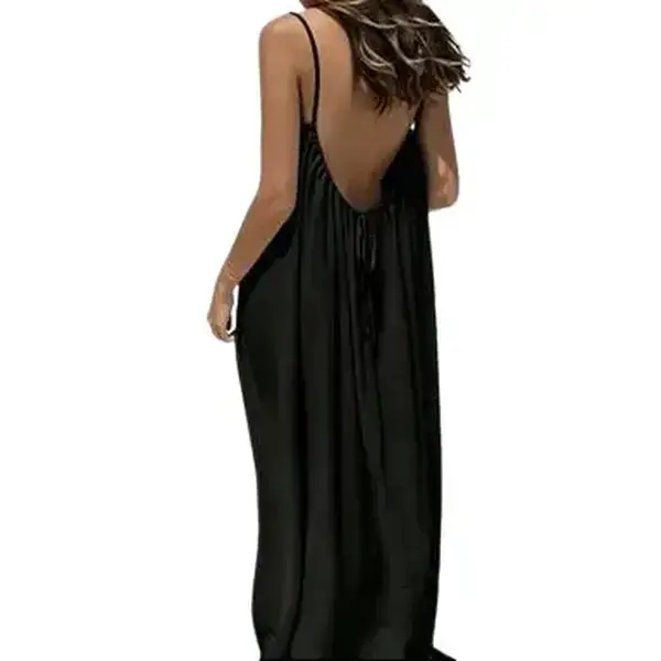 AgeRose Women's Minimalist Sleeveless Spaghetti Strap Backless Maxi Cami Dress - Breathable, Adjustable, Elegant, Lightweight Solid Polyester for Summer Casual, Party Occasions