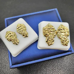 14K Solid Brass High-End Golden Nugget Bling Shiny Earring Earrings Jewelry Stud Fashion Unisex Men Women