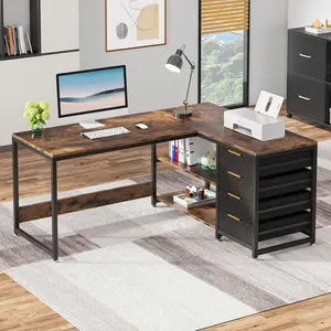 LITTLE TREE L Shaped Computer Desk with Storage Drawers, 59 inch Corner Desk with Shelves, Reversible L-Shaped Office Desk Study Writing Table Workstation for Home Office