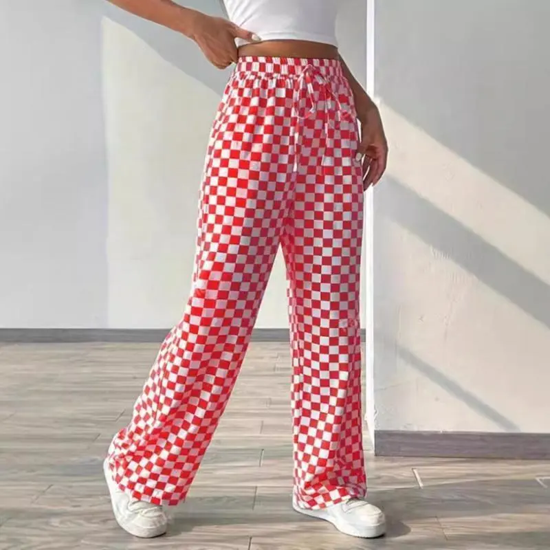 Women's High-Waist Checkerboard Print Straight-Leg Sporty Chic Casual Pants - Comfy Loose Fit, Drawstring, Sports Clothing Set, Matching Activewear Set