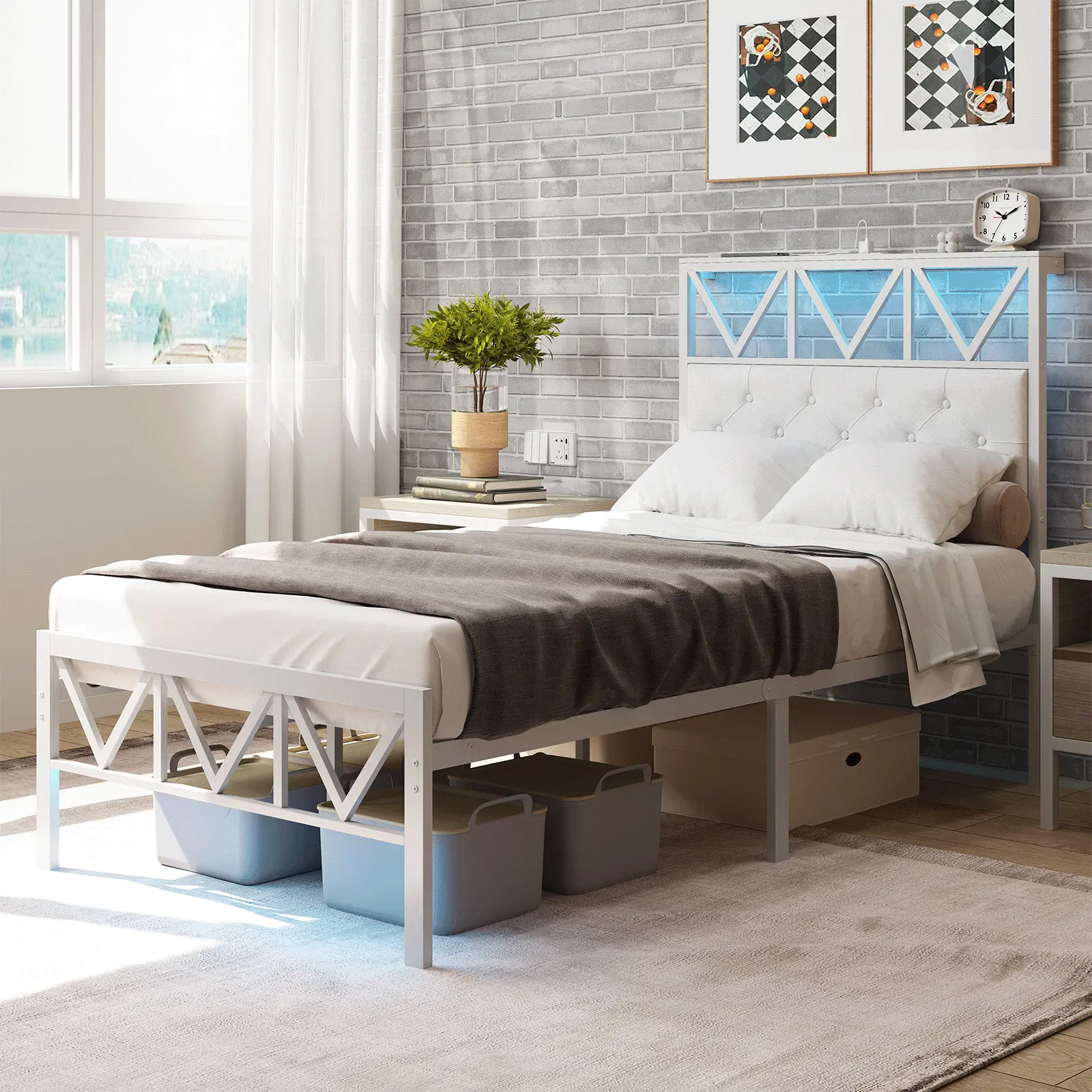Double/Full bed frame with metal frame, bed frame with intelligent LED lights, no box springs required, silent design, equipped with charging station, easy installation, double-person full-size large modern style bedroom furniture, white