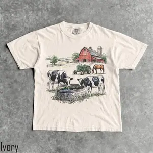 Unisex Graphic Tee Vintage Farm Barn Life Country Print Retro 90s Rural Design Oversized T Shirt Streetwear Style Crewneck Short Sleeve Soft Cotton Breathable Loose Fit Daily Wear Summer Outfit Country Aesthetic Gift Top