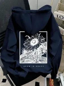 Women's High-Quality Hooded Sweatshirt, Blue Color, Knitted Fabric, Sunflower Pattern, Casual Street Style, Fall Winter