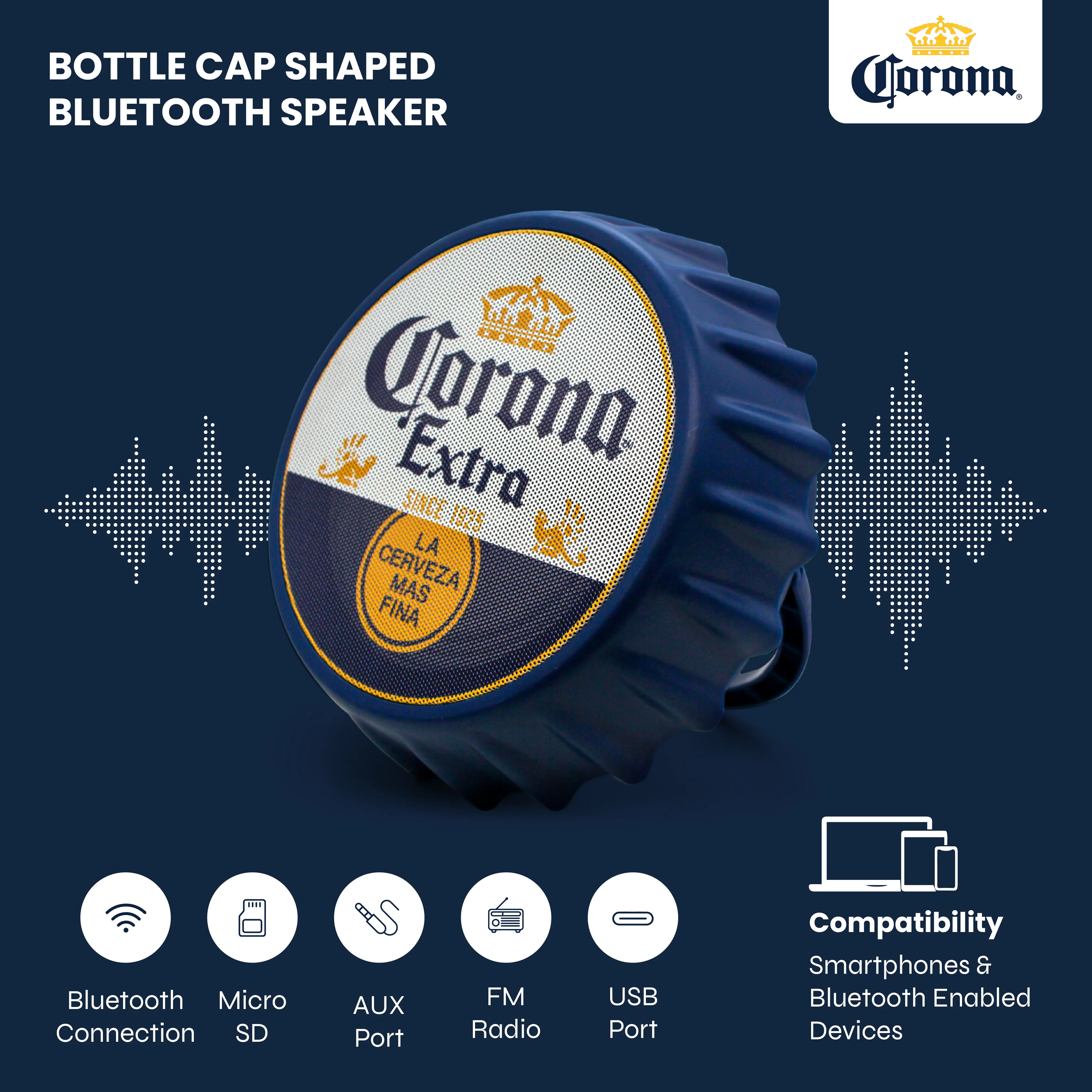 Corona Bottle Cap Shaped Bluetooth Speaker with LED Lights, Kickstand, Wall Mountable