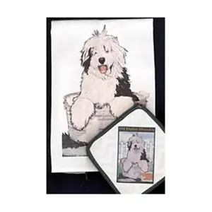 212 MAIN Absorbent Cotton Kitchen Dish Towel and Pot Holder Decorative Set - Quilted Trim, Old English Sheepdog Design, Home Care Supplies, Ideal Gift Item