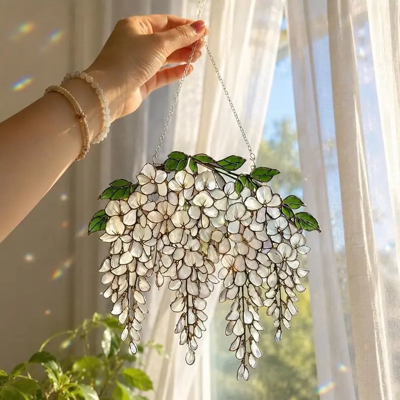 White Wisteria Acrylic Suncatcher Window Hanging, FLAT Wisteria Flower Ornament, Cottagecore Flower Lover Gift, Garden Spring Window Art