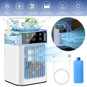 Desktop Tower Fan with Dual Mist Humidifier – Portable Mini Air Conditioner Fan with 3 Speeds, 900ml Water Tank, Ice Box, USB Powered for Office, Bedroom, Dorm