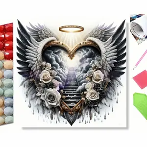 5D Full Drill Diamond Painting Kit, Heavenly Stairway to Heaven in Angel Winged Heart with White Roses Spiritual Art for Home Decor, DIY Craft with Rhinestones, Canvas & Tools, Handmade Gifts, Perfect for Memorial & Religious Themed Decoration