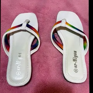 sr-Miyou Rainbow Strap White Flip Flops for Women Comfortable & Stylish Summer Sandals size 8