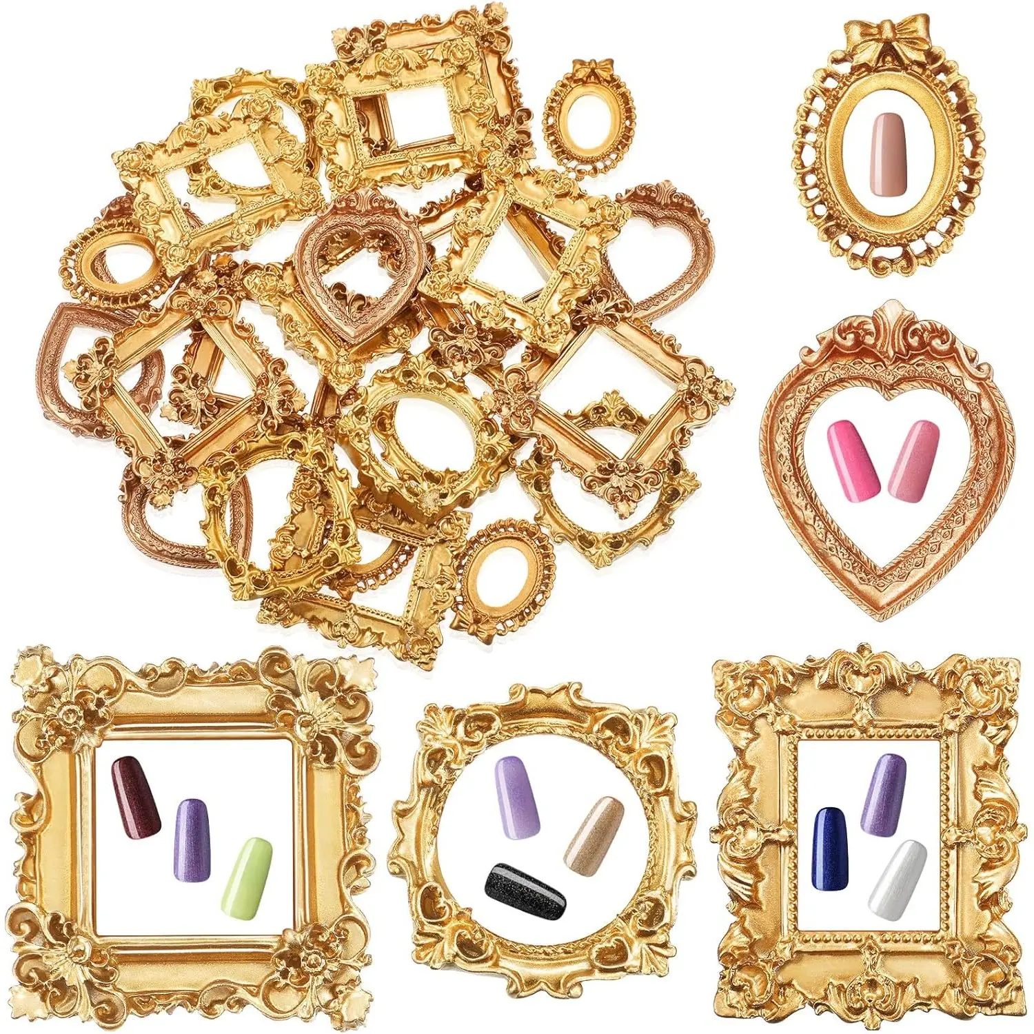 25pcs Lightweight Metallic Vintage Baroque Carving Floral Resin Mini Picture Frames - Oval/Round/Heart Shape Antique Trinket Props for Christmas DIY Decor, Wall & Jewelry Table Decor, Home Improvement Gifts (Gold)