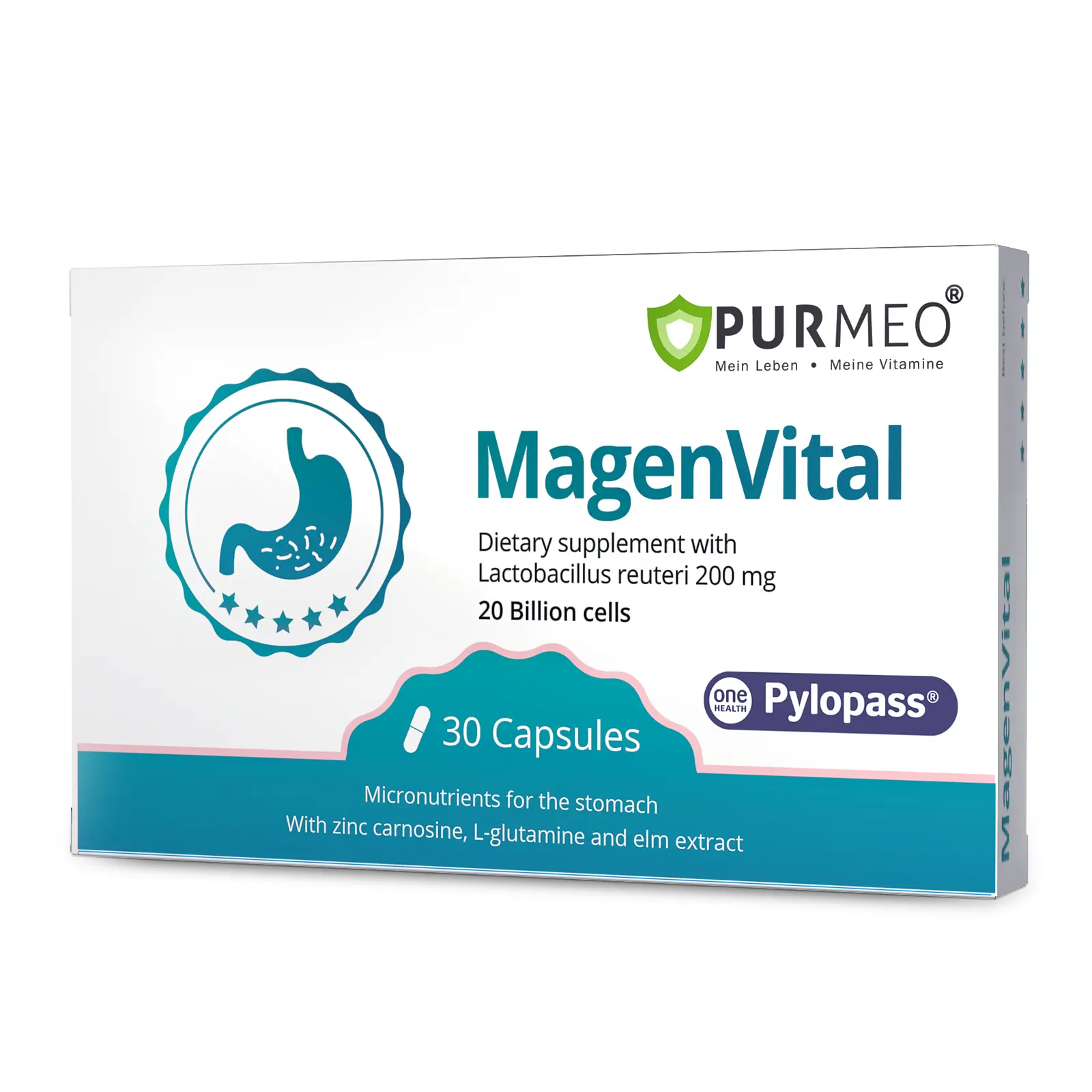 Purmeo 5-in-1 Targeted Balance Stomach & H.Pylori Dietary Probiotics Supplement - Vegan, 20B Cells, Daily Gut Health, Gastric Support, Digestive Comfort, Stomach Lining, Pylopass Lactobacillus reuteri DSM 17648, Healthcare