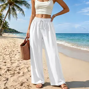 New summer women’s pants—breathable and comfortable casual wear; loose fit that flatters the figure; stylish and versatile wide-leg long pants for women, suitable for leisure, beach outings, and everyday outfits.