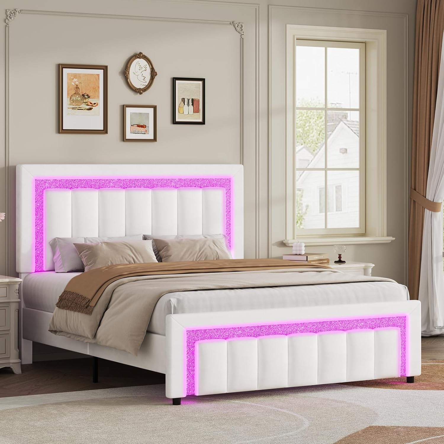 HOMBCK Bed Frames with LED Lights and Velvet Upholstered Headboard, Bed Frame with Modern Diamond Headboard Adjustable, Wooden Slats Support, Noise Free, No Box Spring Needed HOMBCK Bed Frames with LED Lights and Velvet Upholstered Headboard, Bed Frame with Modern Diamond Headboard Adjustable, Wooden Slats Support, Noise Free, No Box Spring Needed