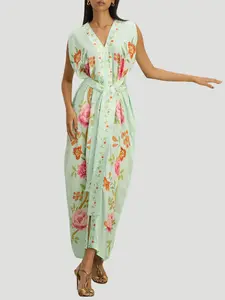 Hand Draped Printed Silk Satin Kaftan in Aqua